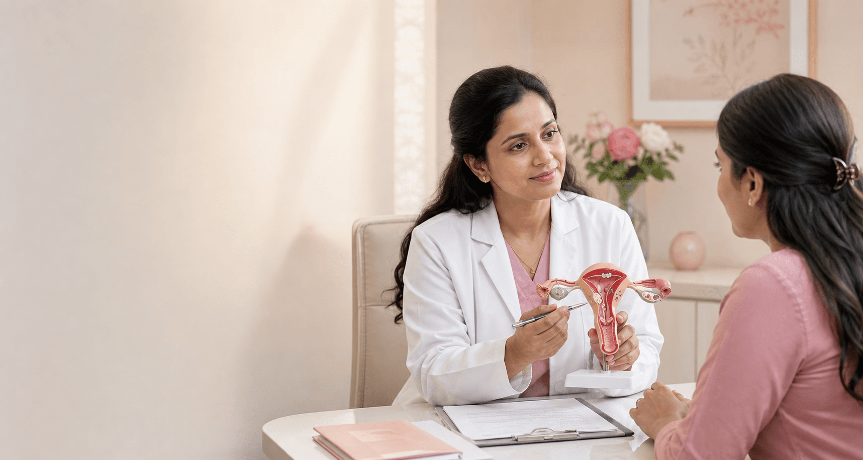 A fertility specialist explaining reproductive health during an infertility consultation